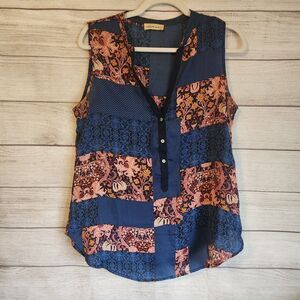 Yellow Chair M L Blue boho sleeveless button up blouse